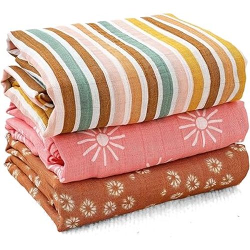 Muslin Swaddle Blankets for Baby Boys and Girls,3 Pack Breathable Soft Receiving Blanket,Large 43.3X 43.3 inches,Newborn Essentials Must Haves(Sun)