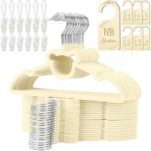 50 Pack Velvet Baby Hangers with Clips Kids Clothes Hangers with Size Dividers for Newborn Toddler Nursery Clothes Stackable Space Saving