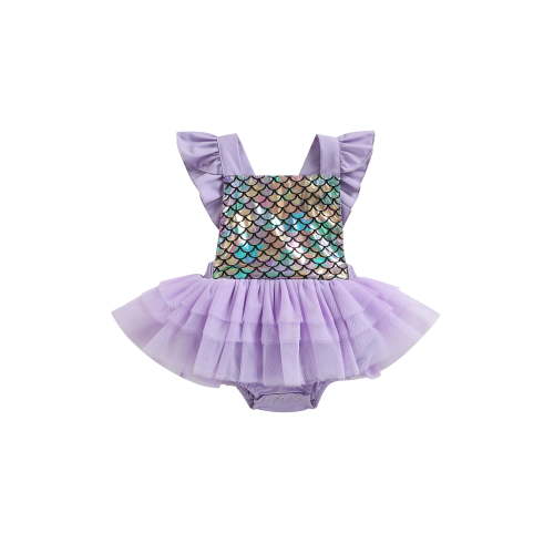 Txlixc Infant Baby Girls Romper Dress Fly Sleeve Mermaid Scale Print Tulle Splicing Tutu Bodysuit Summer One-Piece Clothes