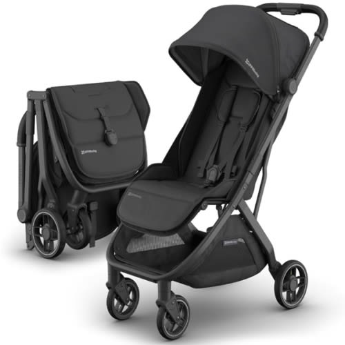 UPPAbaby Minu V3 Travel Stroller | Lightweight + Compact Design | One-Hand Fold + Unfold | from Birth + Overhead Compatible | Jake (Charcoal/Carbon Frame/Black Leather)