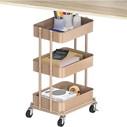 Simple Houseware 3-Tier Compact Utility Rolling Cart, Low 24” Height Fits Under Desk, Space-Saving Storage for Home Office, Dining Room, or Kitchen, White