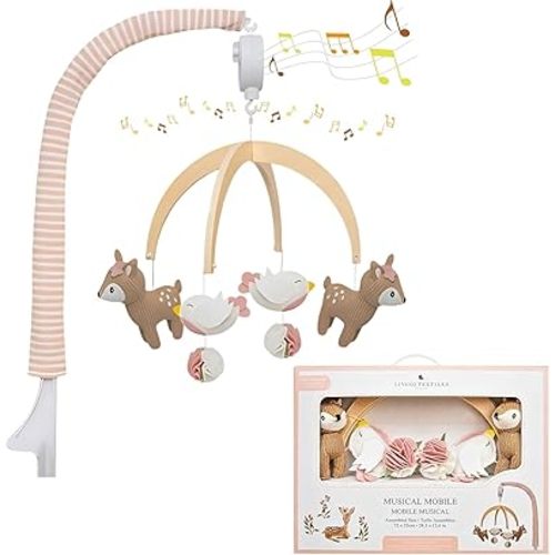Living Textiles Baby Crib Cot Mobile Musical Toy - Calming Soother, Infant Safe Materials - Nursery Decor w/Music & Knitted Animal Characters, Best Gift Idea for Infant, Newborn, Girl (Sophia)