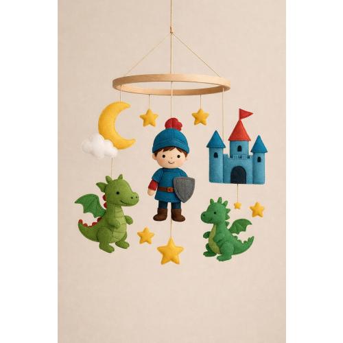 Prince & Dragon Felt Baby Mobile – Handmade Nursery Decor – Fantasy Theme Crib Mobile – Baby Shower Gift