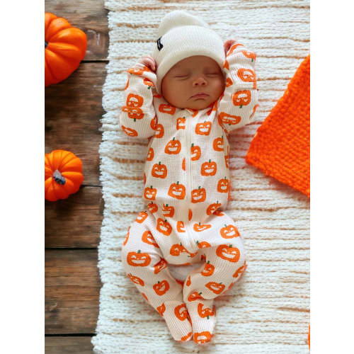 Organic Waffle Basic Zip Footie, Jack-O-Lantern