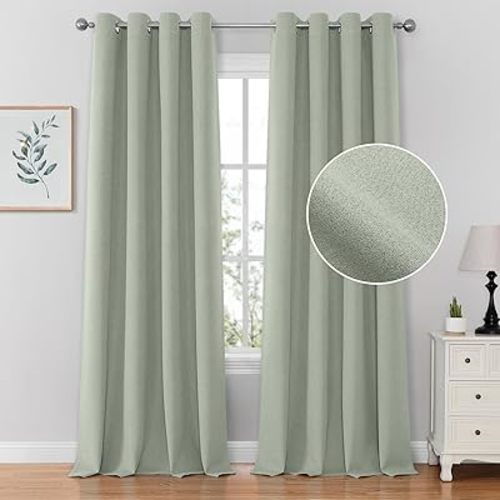 HOMEIDEAS 100% Sage Green Blackout Curtains for Bedroom Linen Curtains 84 Inch Length Thermal Insulated Full Blackout Grommet Curtains for Living Room, Dining Sliding Glass Door, 52 x 84, 2 Panels