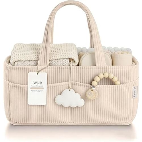SVNR Baby Diaper Caddy Organizer - 14x9x7 Inch Corduroy Nursery Storage Baske with Removable Dividers, Baby Registry Must Haves, Portable Baby Changing Station for Essentials, Corduroy Cream