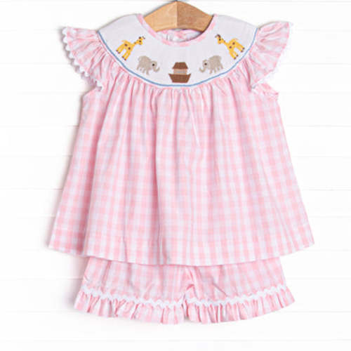 Noah's Ark Smocked Ruffle Short Set, Pink – Stitchy Fish