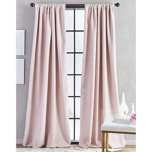 CHF Bloomsbury Floral Detail Microsculpt Lined Solid Rod Pocket Curtain Panel, 52 x 108 inch, Blush