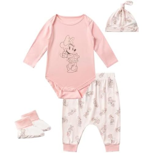 Disney Minnie Mouse Baby Girls Clothing Outfit Set Bodysuit with Booties, Hat, and Pants 4 Piece Set for Infant