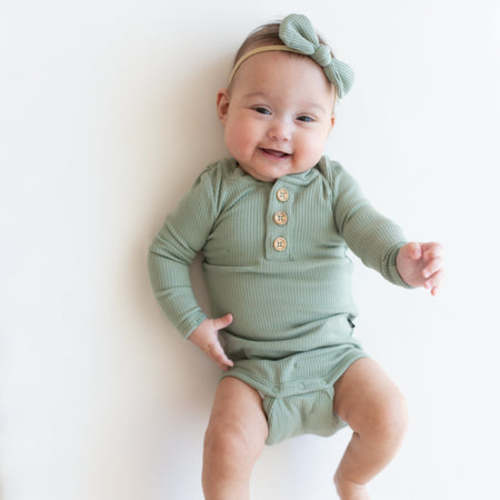 Ribbed Long Sleeve Henley Bodysuit in Thyme 3-6 M