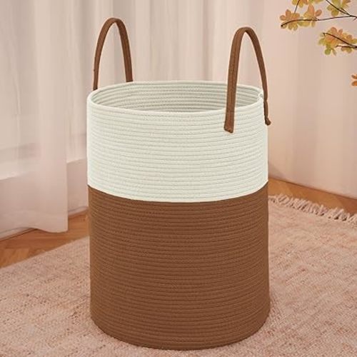 Large Woven Laundry Basket Hamper,60L Cotton Rope Storage Bin for Blankets,Toys and Clothes,Decorative Tall Nursery Hamper for Living Room,Baby Nursery,Bathroom and Bedroom,White and Brown