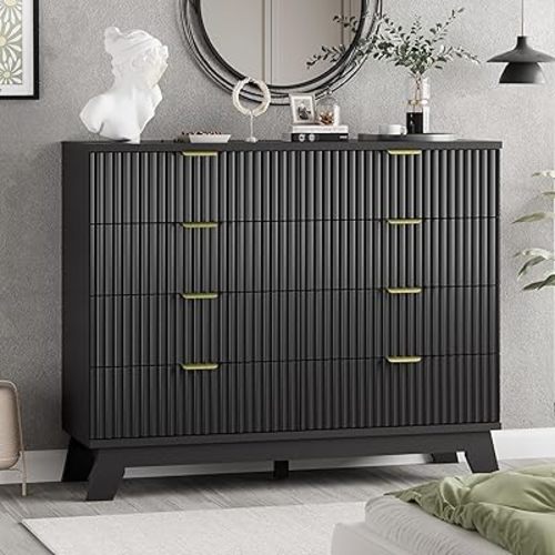 Fluted Dresser for Bedroom with 8 Drawers, 48" Wide Modern Chest of Drawers with Metal Handle, Wooden Dresser TV Stand, Wood Closet Clothes Storage Drawer Organizer for Living Room, Hallway, Black