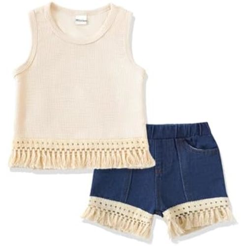 Mikrdoo Baby Girl Clothes Toddler Girl Summer Outfits Shirts Tops Ripped Denim Shorts Set Little Girl Clothes