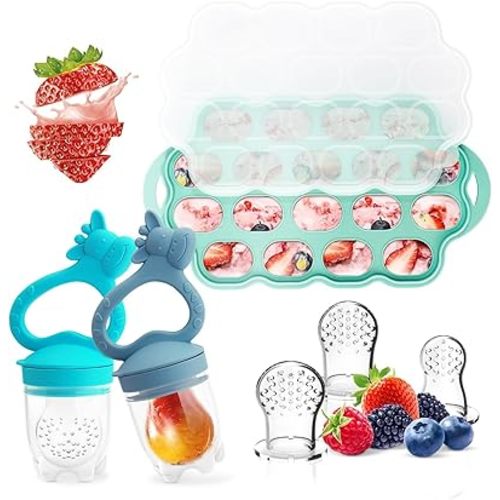 Baby Fruit Food Feeder Breastmilk Popsicle Molds for Teething Relief, Introduce New Foods, Silicone Freezer Tray with Lid, Includes 6 Food Pacifiers (Blue & Green)