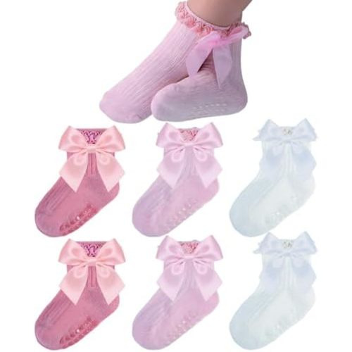 Baby Girl Non Slip Grip Ruffle Socks with Bows Soft Cotton Toddler Girl Socks with Full Sole Grips Newborn Infant