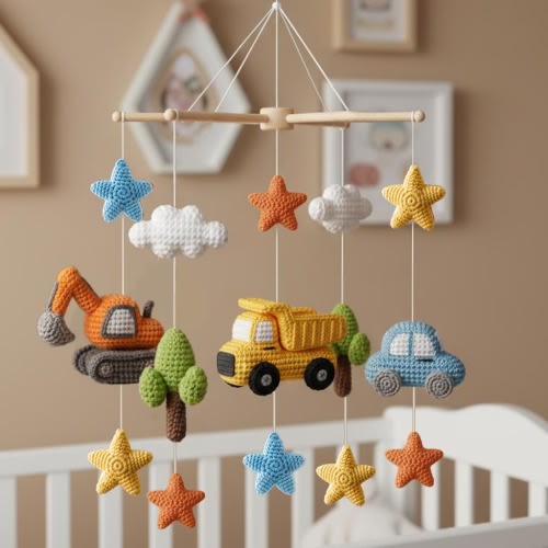 Personalized Crochet Baby Mobile, Construction Vehicle Mobile Nursery, Tractor Theme Nursery Decor, Baby Shower Gift, Newborn Room