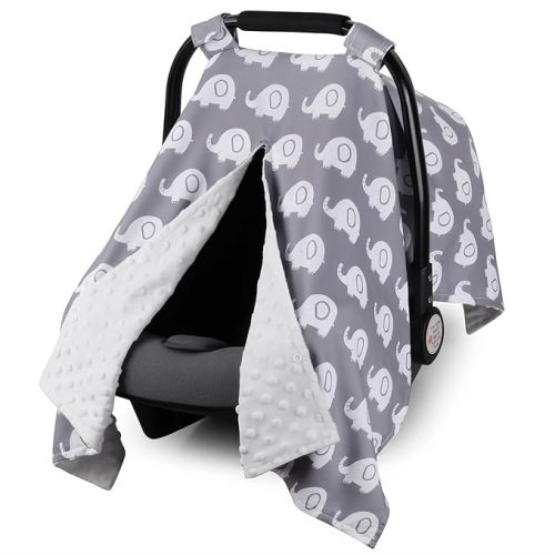 Rquite Car Seat Cover Baby, Carseat Covers for Boy Girl, Minky Infant Car Seat Cover Winter, Peekaboo Opening Car Seat Canopy, Multiuse Baby Carrier, Stroller, Nursing Cover, Minky Blanket, Elephant