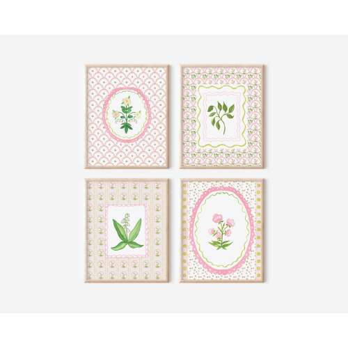 Botanical Art Set of 4 Dorm Wall Art Pink Green Floral Art Prints Grandmillennial Block Print Scallop Design Girl Room Art Girl Teen Room