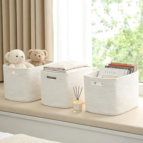 3 Pack Woven Rope Storage Baskets for Organizing,13.5"×11"×9.5" Storage Bins for Shelves,Perfect for Toys,Books,Towels,Clothes,Empty Gift Baskets for Nursery,Living Room&Bedroom(White)