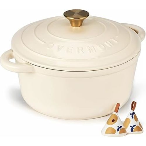 Overmont Enameled Cast Iron Dutch Oven - 5.5QT Pot with Lid Cookbook & Cotton Potholders - Heavy-Duty Cookware for Braising, Stews, Roasting, Bread Baking white