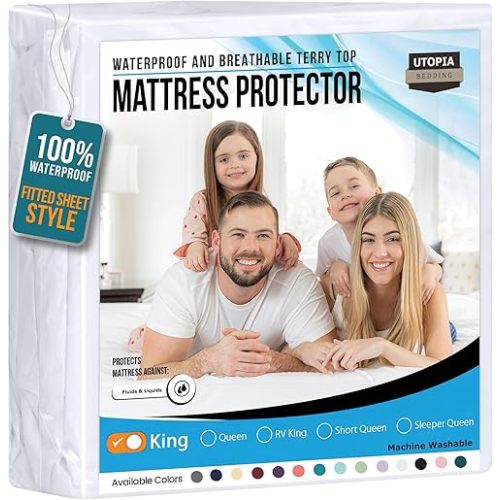Utopia Bedding Waterproof Mattress Protector King Size, Premium 200 GSM Terry Mattress Cover, Soft & Breathable Bed Cover, Fitted Sheet Style with Stretchable Deep Pockets 17" (White)