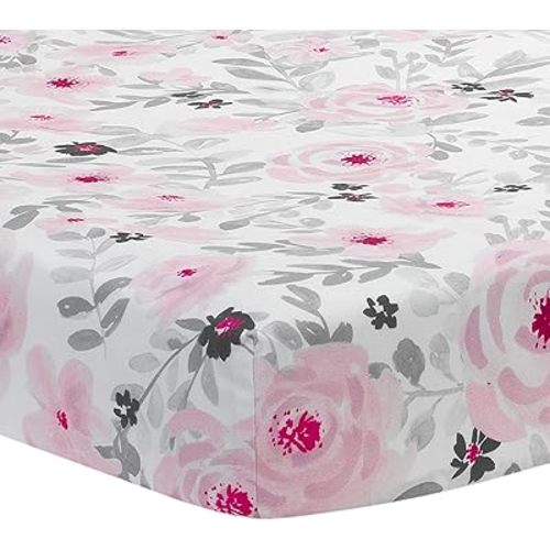 Bedtime Originals Blossom Pink/Gray Watercolor Floral Baby Fitted Crib Sheet