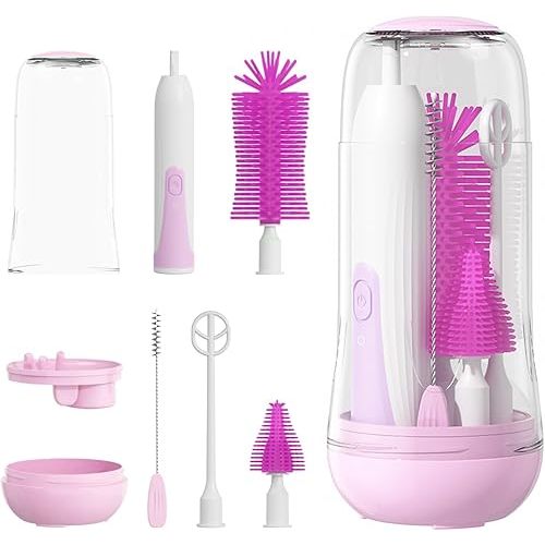 Electric Baby Bottle Brush Set, Rechargeable Soft Silicone Bottle Brush Cleaner, Electric Bottle Cleaning Brushes with Infrared Sterilizer Storage Box, Portable Baby Bottle Brush for Travel (Purple)