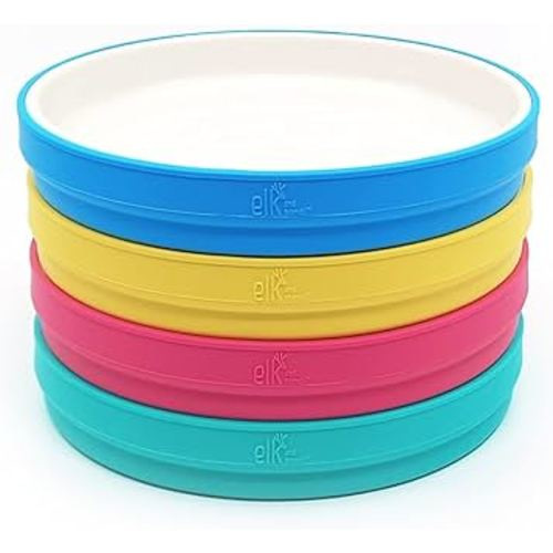 Elk and Friends Kids 7.8” Porcelain White Plates with Silicone Sleeves | Suitable for Kids/Toddlers | Microwave & Dishwasher Safe | Non Slip | Snack Dishes