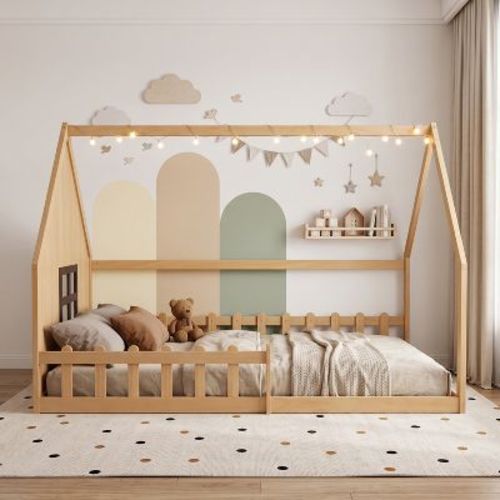 GDFStudio Grover Full-Size Wood House Montessori Floor Bed with Guardrails and LED Light, Natural