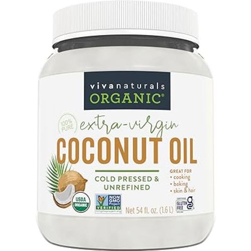 Viva Naturals Organic Coconut Oil, 54 fl oz – Unrefined, Cold-Pressed Extra Virgin Coconut Oil, USDA Organic & Non-GMO, Natural Cooking Oil, Hair Oil & Skin Oil