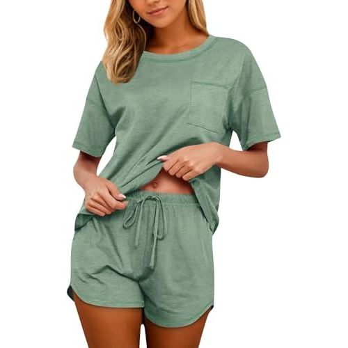 KCW Pajamas for Women Set 2 Piece 100% Cotton Lounge Sets Short Sleeve Top and Shorts Pj Set Sleepwear Outfits