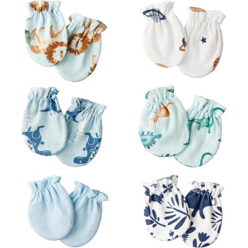 Flagsky Baby Mittens 0-6 Months No Scratch 100% Cotton Gloves for Newborn Boys Girls (6 Pairs-Blue theme)