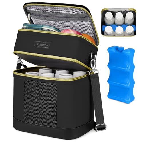 Mancro Breastmilk Cooler Bag with Ice Pack, Double Layer Breast Milk Cooler Bag Fits 6 Bottles Up to 9 Ounces, Leafproof Insulated Baby Bottle Bag for Nursing &Working Mom