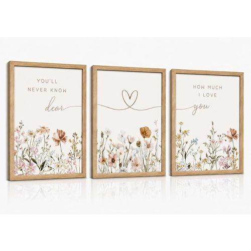 3Pcs Framed Boho Nursery Wall Art Flower Botanical Sentence Painting Picture Wall Decor Wildflower Children's Room Poster Print Artwork for Nursery Baby Room Living Room Bedroom Home Decoration