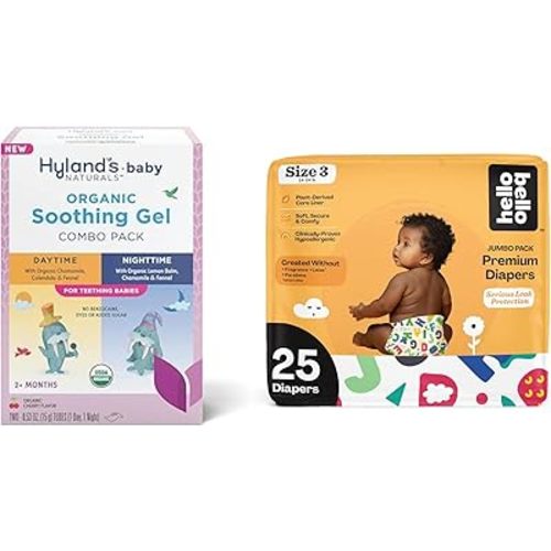 Hyland's Baby - Organic Day/Night Soothing Gel Combo Pack, Natural Relief of Oral Discomfort (2 Tubes of 0.53 oz.) + Hello Bello Premium Baby Diapers Size 3, 25 Count