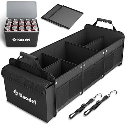 K KNODEL Extra Large Trunk Organizer With Cooler Bag, 3 Compartments Car Organizer, Heavy Duty SUV Trunk Organizer with 2 Adjustable Securing Straps (4-in-1, Black)