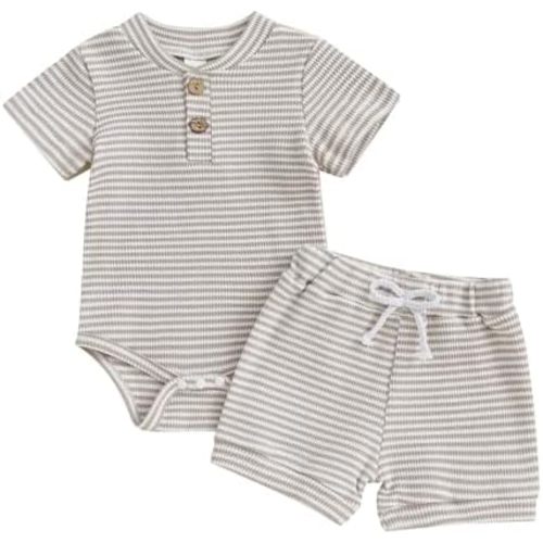 Ledy Champswiin Summer Newborn Baby Boy Girl Clothes Set Ribbed Outfits Unisex Infant Solid Short Sleeve Tops Shorts 2PCS