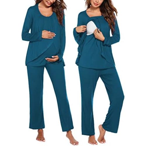 Ekouaer Maternity Nursing Pajama Set Long Sleeve Top & Pants with Pockets Breastfeeding Sleepwear Double Layer Pregnancy