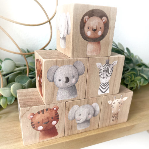 Safari Baby Shower Décor - Jungle Forest Baby Animal Wooden Block Set - Baby Boy Gift for Nursery - Elephant - Koala - Panda etc. Set of 6