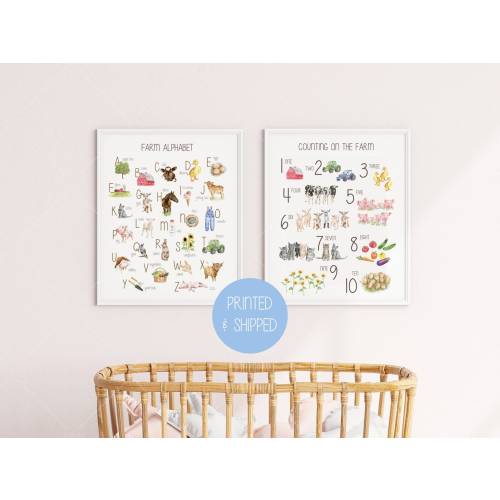 Farm Nursery Decor, Farm Counting and Alphabet Print Set, Farm Wall Art, Farm Animal Numbers, Farm Mom Gift, Farm Learning, Baby Shower Gift