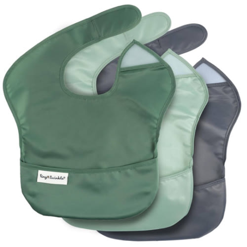 Tiny Twinkle Mess Proof Baby Bibs for Eating - Waterproof, Wipeable Bibs - Toddler Bibs - Travel Friendly - PFAS, PVC, BPA, Phthalate Free - Baby Food Bibs(3 Pack,Olive. Slate)