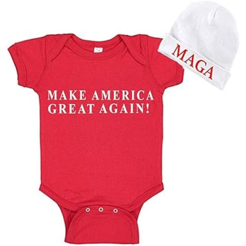 Donald Trump Make America Great Again Baby Bodysuit and MAGA Rib Cap (Newborn, Red)