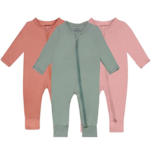GUISBY Baby Pajamas with Mitten Cuffs - 3Pcs Girls Boys 2 Way Zipper Long Sleeve Rayon Sleepers