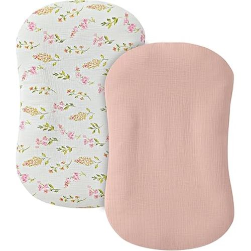 Muslin Baby Lounger Cover 2 Pack, 100% Cotton Infant Lounger Cover, Soft & Breathable Replacement Slipcover, Compatible with Snuggle Me Newborn Lounger (Floral,Pink)