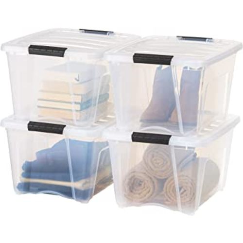 IRIS USA 32 Qt Stackable Plastic Storage Bins with Lids, 4 Pack - BPA-Free, Made in USA - See-Through Organizing Solution, Latches, Durable Nestable Containers, Secure Pull Handle - Clear