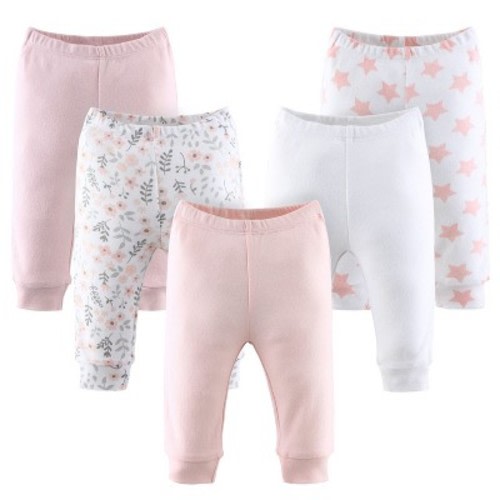The Peanutshell Flowers & Stars 5-Pack Cuffed Baby Pants in Pink/Light Coral/White, 9-12 Months, Size: 9-12 months