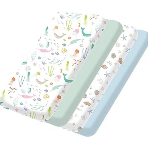 Bimocosy Mini Crib Sheets,Pack and Play Sheets for Baby Girl Boy 4 Pack,Size 38"x 26" for Playard Mattress,Portable Mini Crib,Soft Pack N Play Sheets Fitted,Ocean World/Shell/Blue/Green