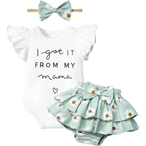 ADIFUN Baby Girl Clothes,Girl Summer Outfit Romper Sets Ruffle Short Sleeve Top+Shorts+ Bow Hairband 3Pcs Set