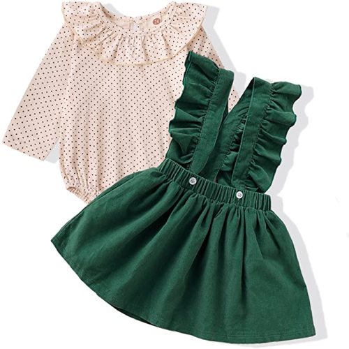 Newborn Baby Girl Clothes Toddler Long Sleeve Ruffle Romper Top Infant Skirt Set Little Girl Overall Dress - 0-3 Months - Green Long2