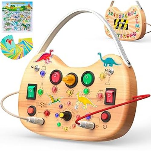 Busy Board for Toddlers 1-3, Wooden Montessori Busy Board with LED Light, Switch Board Car Ride Travel Toys, 1 2 3 One Year Old Girl Boy Christmas Birthday Gifts
